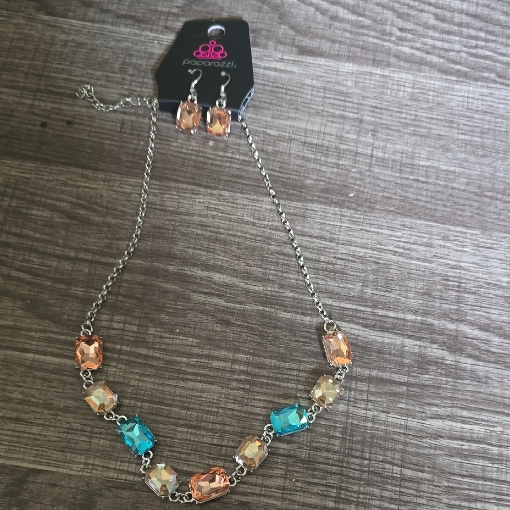 Paparazzi Silver Necklace with Orange and Blue Gems